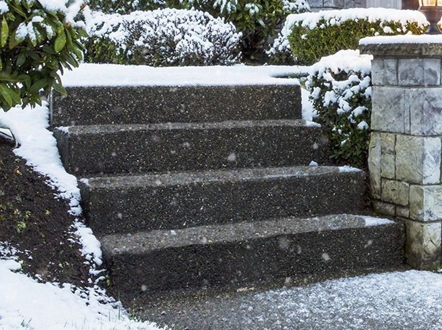 Exposed-aggregate steps clear of snow beside snow-covered shrubs