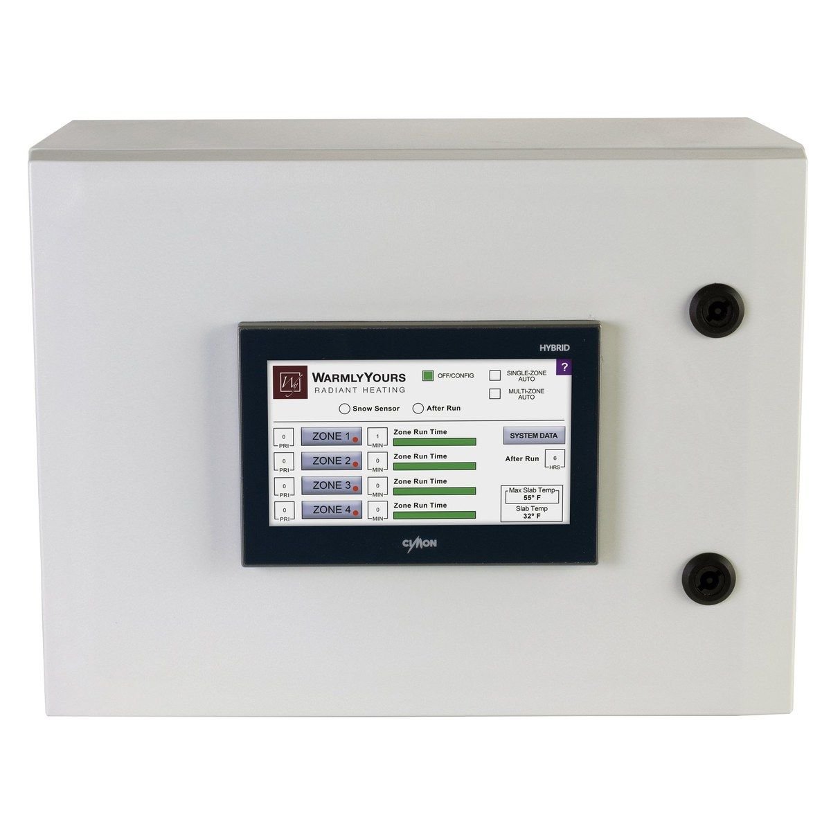 ZoneBraker touchscreen multi-zone snow-melting controller in a wall-mounted enclosure