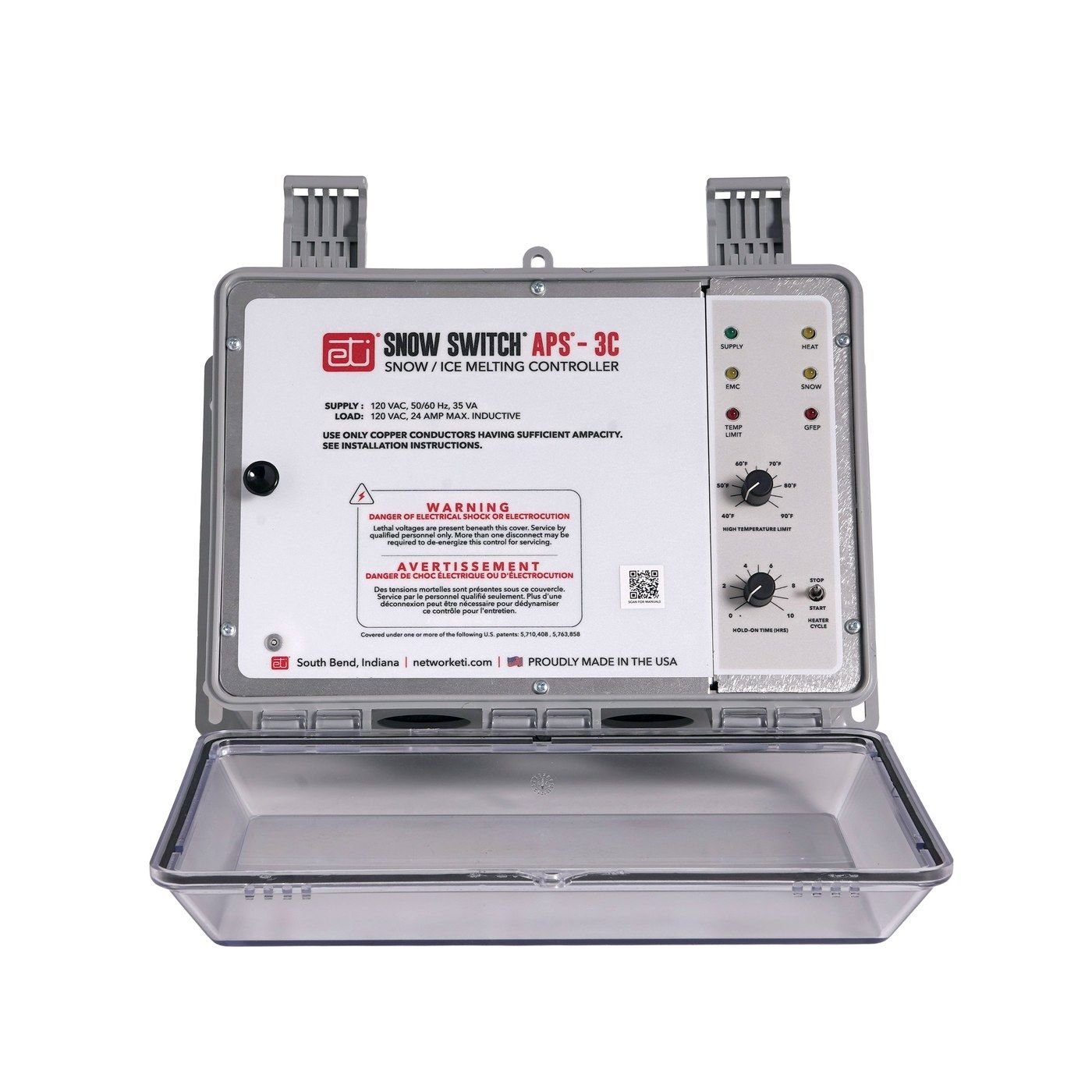 Snow and ice melt controller with its weatherproof cover open