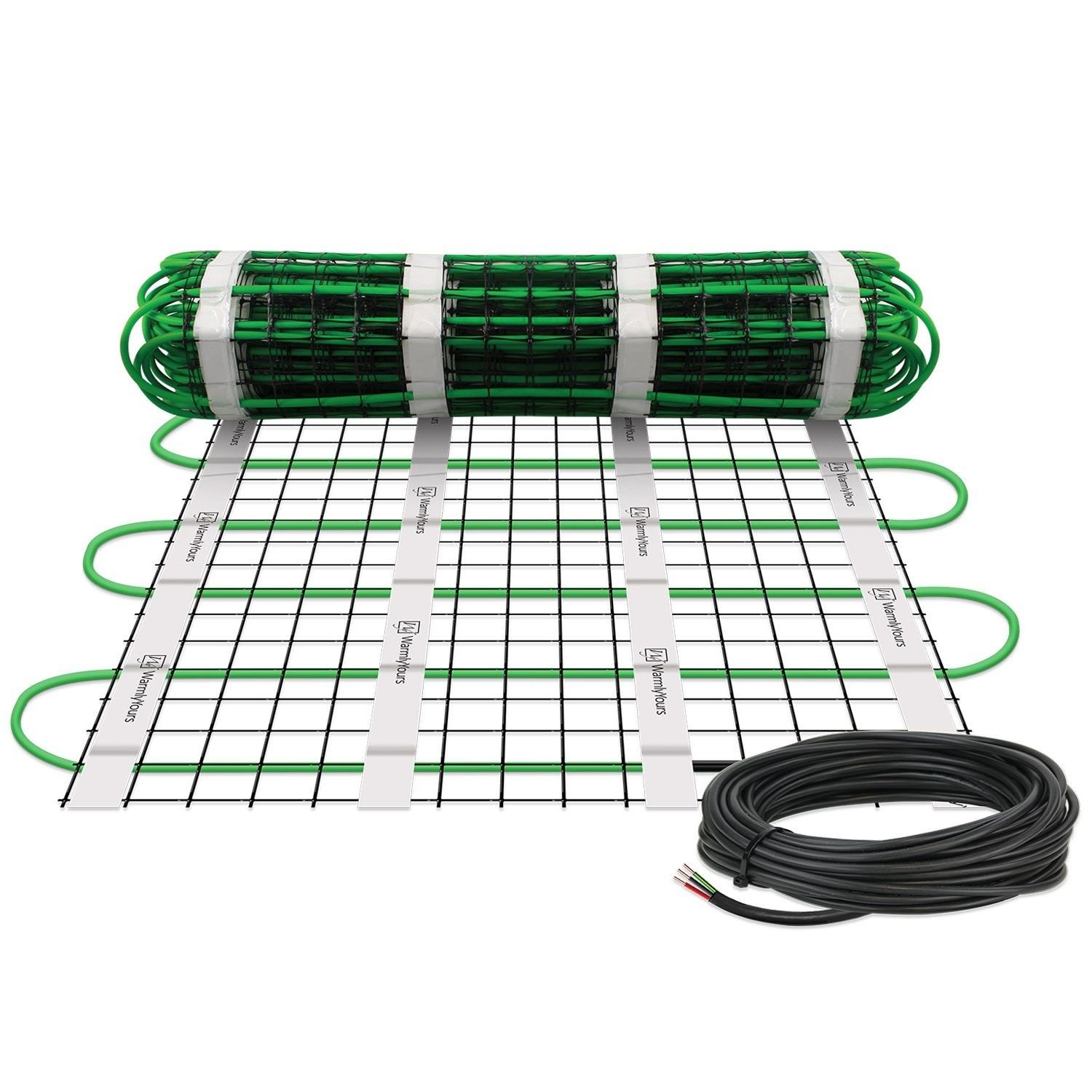 Rolled snow melting mat with green heating cable woven through a mesh, and a black cold lead